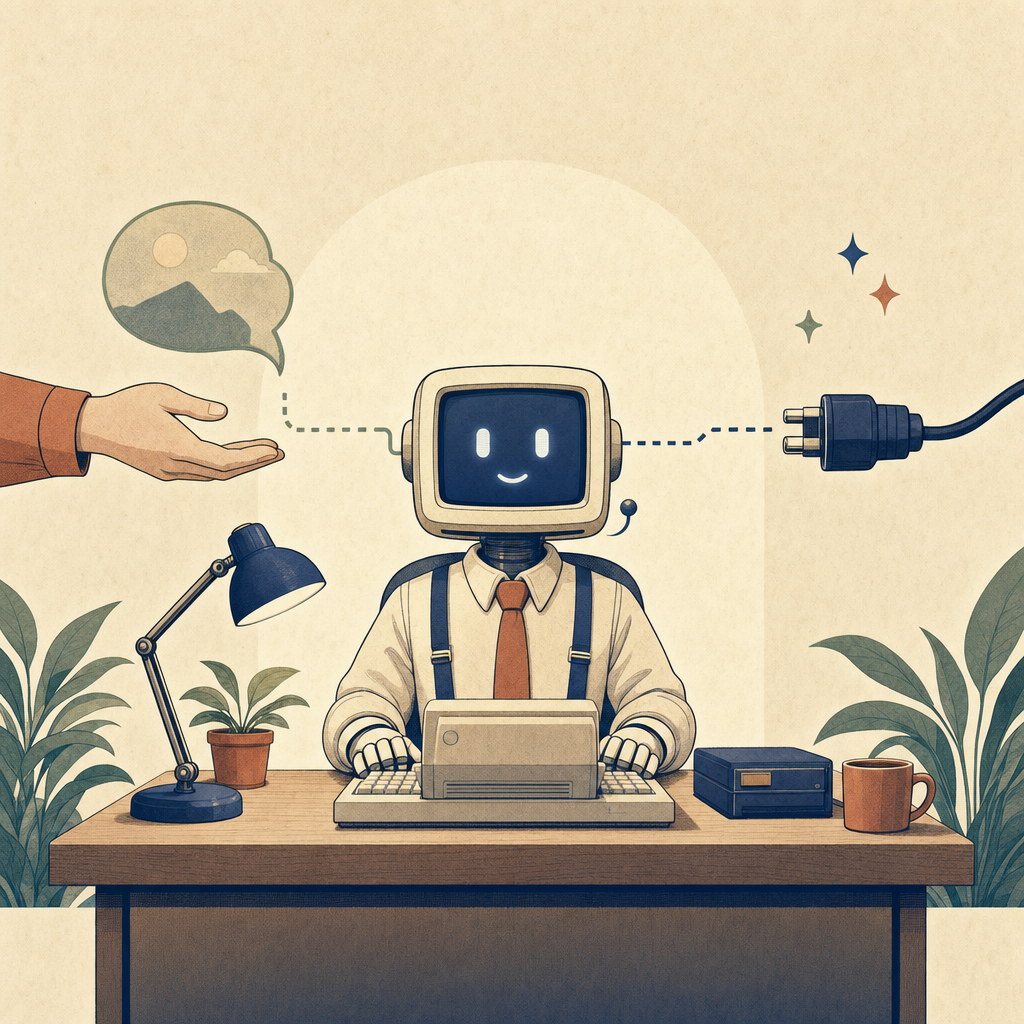 One AI employee receiving a task two ways — a person speaking on one side, an API cable on the other