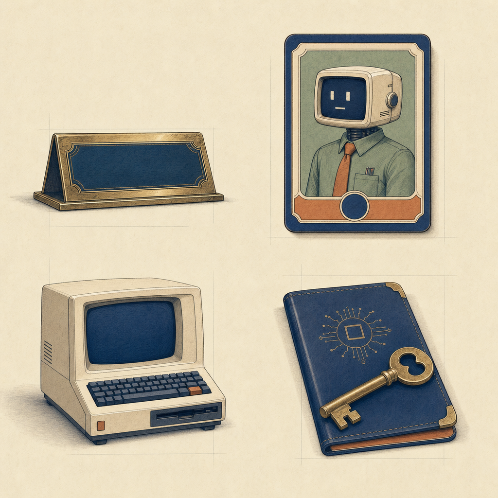 Four objects on a desk — a name plate, a profile card, a computer, and a key on a passport — the four parts of an AI employee