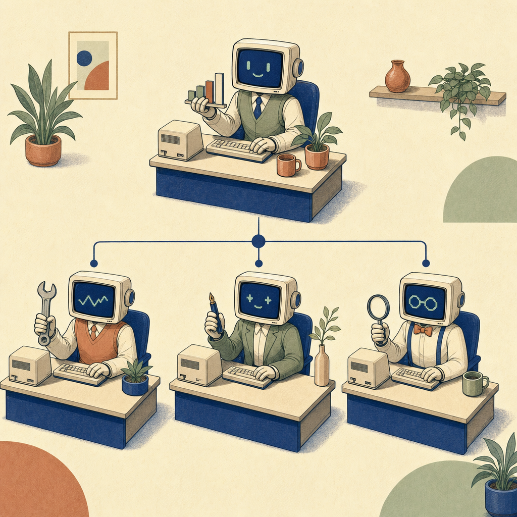 A small org chart of distinct AI employees, each at their own computer with a different role