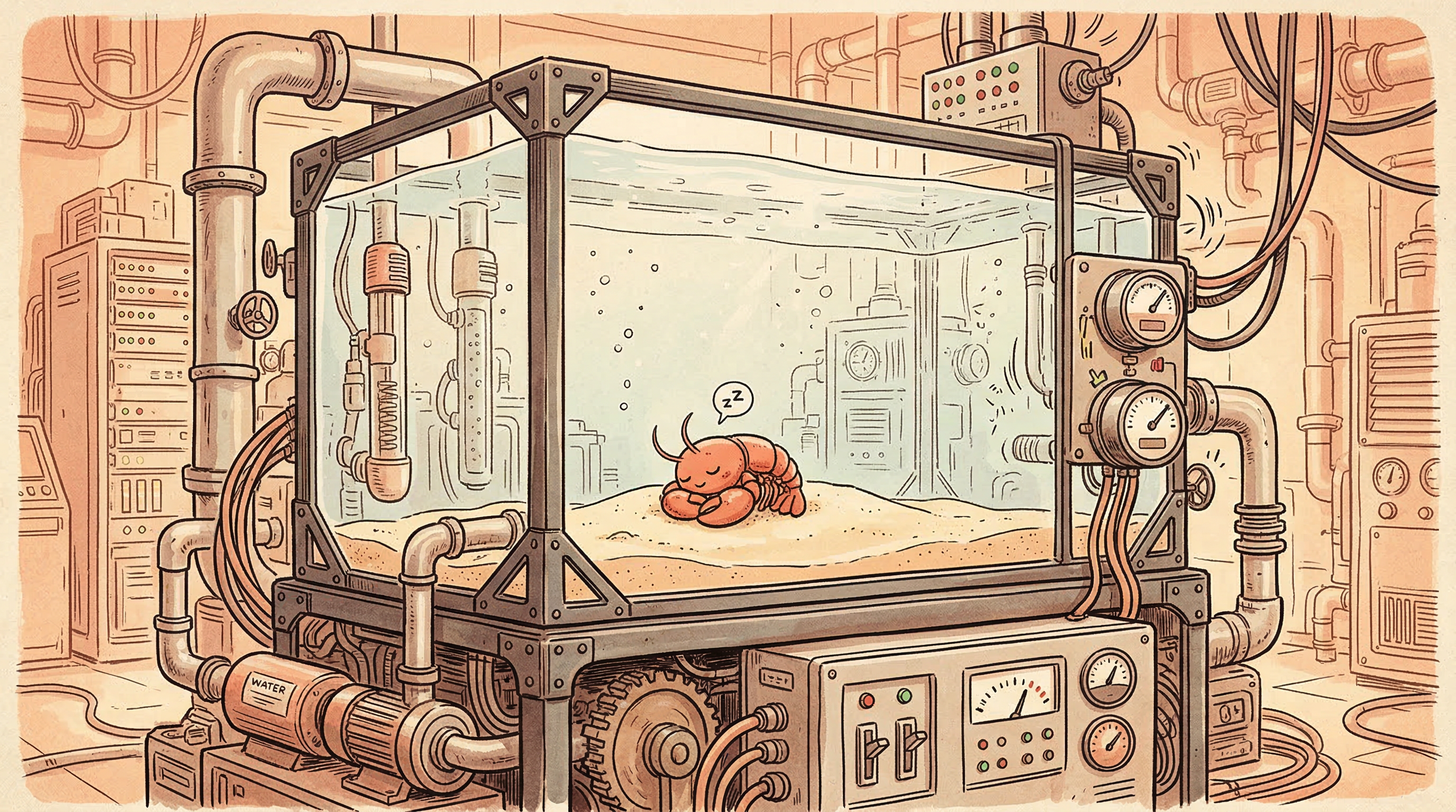 A lobster sleeping in an expensive server tank — 24/7 infrastructure for an agent that's mostly idle