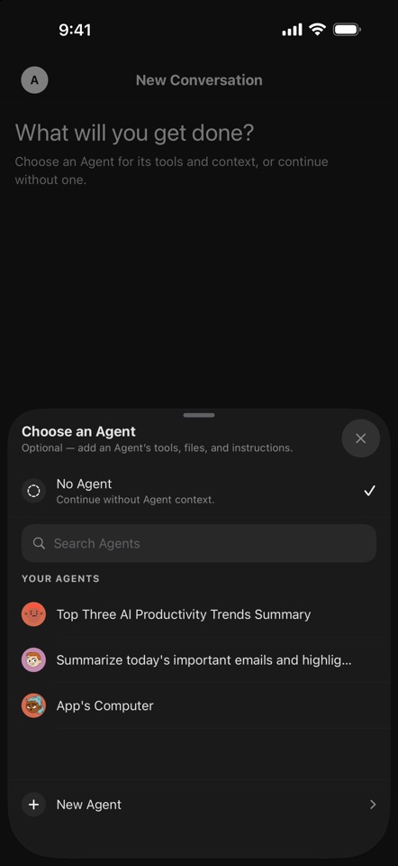 Rebyte in dark mode: choose an Agent with its own tools, files, and instructions
