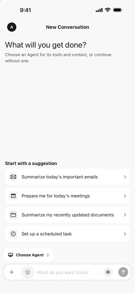 Rebyte on iPhone: start a conversation, attach files, or choose a suggested task